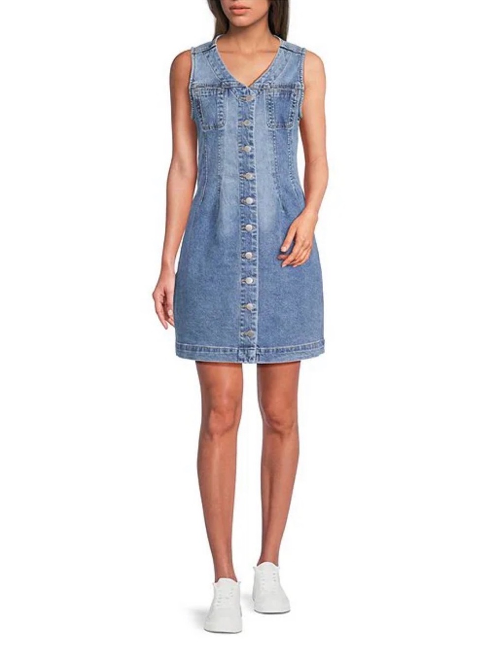 Sabrina Denim V-Neck Sleeveless Button Down Dress